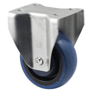 M Series castor, high-res blue rubber 100mm wheel, precision bearing, fixed North American (NA) plate, Chicago screw axle, Bluestone thread guard, load rating 140 kg