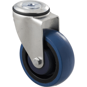 M Series castor, high-res blue rubber 100mm wheel, precision bearing, swivel bolt hole, black seal & pedal, Bluestone thread guard, load rating 140 kg
