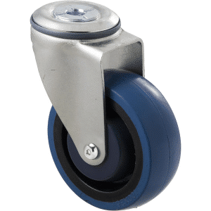 M Series castor, high-res blue rubber 100mm wheel, precision bearing, swivel bolt hole, Chicago screw axle, Bluestone thread guard, load rating 140 kg