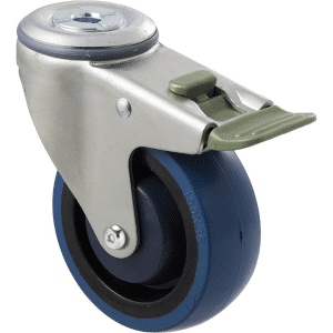M Series castor, high-res blue rubber 100mm wheel, precision bearing, swivel bolt hole, North American (NA) plate, direction lock, Chicago screw axle, Bluestone thread guard, load rating 140 kg