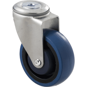 M Series castor, high-res blue rubber 100mm wheel, precision bearing, swivel bolt hole, grey seal & pedal, Chicago screw axle, Bluestone thread guard, load rating 140 kg