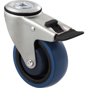 M Series castor, high-res blue rubber 100mm wheel, precision bearing, swivel bolt hole, total brake, black seal & pedal, Chicago screw axle, Bluestone thread guard, load rating 140 kg