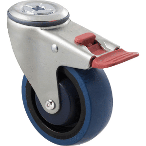 M Series castor, high-res blue rubber 100mm wheel, precision bearing, swivel bolt hole, total brake, Chicago screw axle, Bluestone thread guard, load rating 140 kg