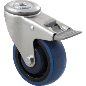 M Series castor, high-res blue rubber 100mm wheel, precision bearing, swivel bolt hole, total brake, grey seal & pedal, Bluestone thread guard, load rating 140 kg