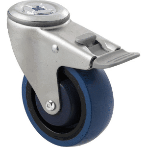 M Series castor, high-res blue rubber 100mm wheel, precision bearing, swivel bolt hole, total brake, grey seal & pedal, Chicago screw axle, Bluestone thread guard, load rating 140 kg