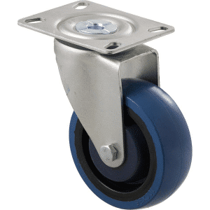M Series castor, high-res blue rubber 100mm wheel, precision bearing, swivel plate, black seal & pedal, Bluestone thread guard, load rating 140 kg