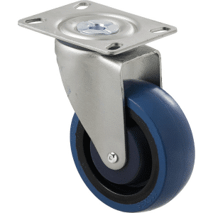 M Series castor, high-res blue rubber 100mm wheel, precision bearing, swivel plate, Chicago screw axle, Bluestone thread guard, load rating 140 kg