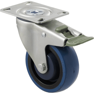 M Series castor, high-res blue rubber 100mm wheel, precision bearing, swivel plate North American (NA) plate, direction lock, Bluestone thread guard, load rating 140 kg