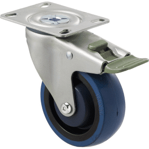 M Series castor, high-res blue rubber 100mm wheel, precision bearing, swivel plate North American (NA) plate, direction lock, Chicago screw axle, Bluestone thread guard, load rating 140 kg