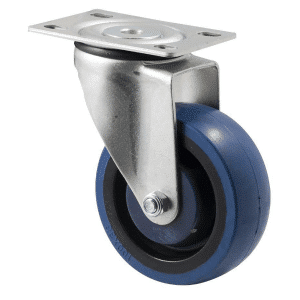 M Series castor, high-res blue rubber 100mm wheel, precision bearing, swivel North American (NA) plate, Bluestone thread guard, load rating 140 kg