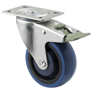M Series castor, high-res blue rubber 100mm wheel, precision bearing, swivel North American (NA) plate, direction lock, Chicago screw axle, Bluestone thread guard, load rating 140 kg