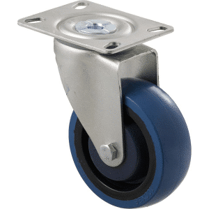 M Series castor, high-res blue rubber 100mm wheel, precision bearing, swivel North American (NA) plate, grey seal & pedal, Bluestone thread guard, load rating 140 kg