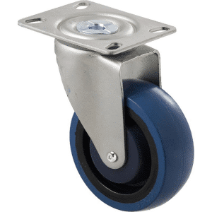 M Series castor, high-res blue rubber 100mm wheel, precision bearing, swivel North American (NA) plate, grey seal & pedal, Chicago screw axle, Bluestone thread guard, load rating 140 kg