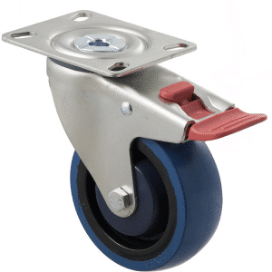 M Series castor, high-res blue rubber 100mm wheel, precision bearing, swivel North American (NA) plate, total brake, Bluestone thread guard, load rating 140 kg