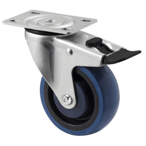 M Series castor, high-res blue rubber 100mm wheel, precision bearing, swivel North American (NA) plate, total brake, Bluestone thread guard, load rating 140 kg