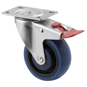M Series castor, high-res blue rubber 100mm wheel, precision bearing, swivel North American (NA) plate, total brake, Chicago screw axle, Bluestone thread guard, load rating 140 kg