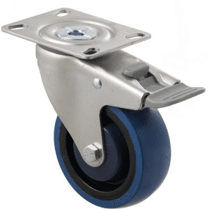 M Series castor, high-res blue rubber 100mm wheel, precision bearing, swivel North American (NA) plate, total brake, Bluestone thread guard, load rating 140 kg