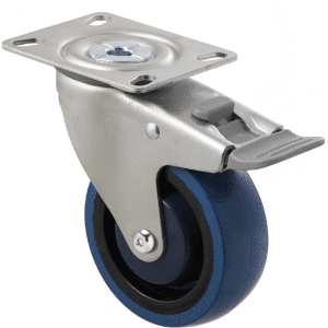 M Series castor, high-res blue rubber 100mm wheel, precision bearing, swivel North American (NA) plate, total brake, grey seal & pedal, Chicago screw axle, Bluestone thread guard, load rating 140 kg