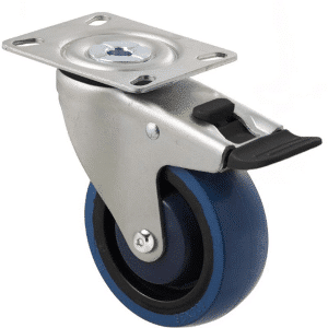 M Series castor, high-res blue rubber 100mm wheel, precision bearing, swivel plate, total brake, black, Chicago screw axle, Bluestone thread guard, load rating 140 kg