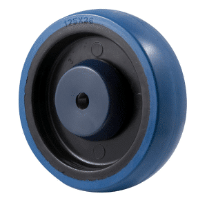 M Series, high-res blue rubber wheel 125mm x 36mm twin- precision bearing, 8mm ID (inside diameter), bore, Bluestone thread guard, load rating 150kg
