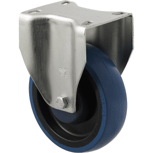 M Series castor, high-res blue rubber 125mm wheel, precision bearing, fixed North American (NA), Bluestone thread guard, load rating 150 kg