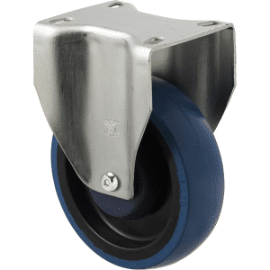 M Series castor, high-res blue rubber 125mm wheel, precision bearing, fixed North American (NA), Chicago screw axle, Bluestone thread guard, load rating 150 kg