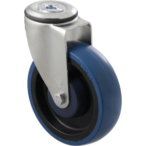 M Series castor, high-res blue rubber 125mm wheel, precision bearing, swivel bolt hole, black seal & pedal, Bluestone thread guard, load rating 150 kg