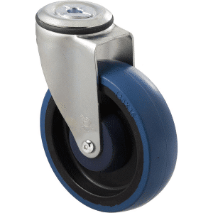 M Series castor, high-res blue rubber 125mm wheel, precision bearing, swivel bolt hole, Bluestone thread guard, load rating 150 kg