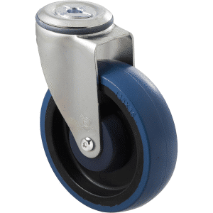 M Series castor, high-res blue rubber 125mm wheel, precision bearing, swivel bolt hole, Chicago screw axle, Bluestone thread guard, load rating 150 kg