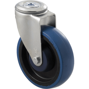 M Series castor, high-res blue rubber 125mm wheel, precision bearing, swivel bolt hole, Bluestone thread guard, load rating 150 kg