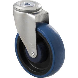 M Series castor, high-res blue rubber 125mm wheel, precision bearing, swivel bolt hole, Bluestone thread guard, load rating 150 kg