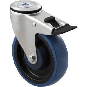 M Series castor, high-res blue rubber 125mm wheel, precision bearing, swivel bolt hole, total brake, black pedal, Bluestone thread guard, load rating 150 kg