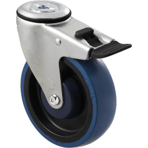 M Series castor, high-res blue rubber 125mm wheel, precision bearing, swivel bolt hole, total brake, Chicago screw axle, Bluestone thread guard, load rating 150 kg