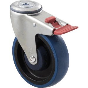 M Series castor, high-res blue rubber 125mm wheel, precision bearing, swivel bolt hole, total brake, Chicago screw axle, Bluestone thread guard, load rating 150 kg