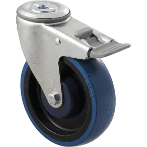 M Series castor, high-res blue rubber 125mm wheel, precision bearing, swivel bolt hole, total brake, grey seal & pedal, Bluestone thread guard, load rating 150 kg