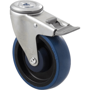 M Series castor, high-res blue rubber 125mm wheel, precision bearing, swivel bolt hole, total brake, grey seal & pedal, Bluestone thread guard, load rating 150 kg