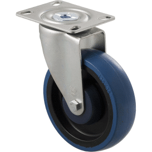 M Series castor, high-res blue rubber 125mm wheel, precision bearing, swivel plate, Bluestone thread guard, load rating 150 kg