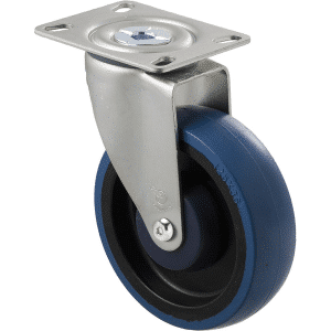 M Series castor, high-res blue rubber 125mm wheel, precision bearing, swivel plate, Bluestone thread guard, load rating 150 kg