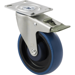 M Series castor, high-res blue rubber 125mm wheel, precision bearing, swivel plate North American (NA) plate, direction lock, Bluestone thread guard, load rating 150 kg