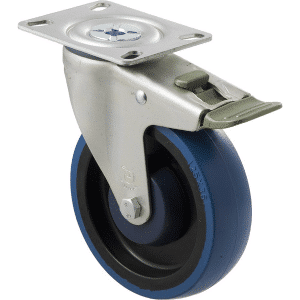 M Series castor, high-res blue rubber 125mm wheel, precision bearing, swivel North American (NA) plate, Bluestone thread guard, load rating 150 kg