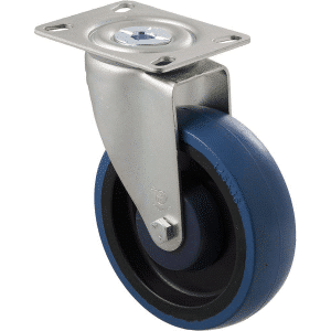 M Series castor, high-res blue rubber 125mm wheel, precision bearing, swivel North American (NA) plate, grey seal & pedal, Bluestone thread guard, load rating 150 kg
