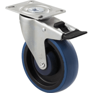 M Series castor, high-res blue rubber 125mm wheel, precision bearing, swivel North American (NA) plate, total brake, seal & pedal, Chicago screw axle, Bluestone thread guard, load rating 150 kg