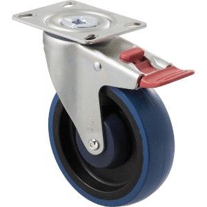 M Series castor, high-res blue rubber 125mm wheel, precision bearing, swivel North American (NA) plate, total brake, Chicago screw axle, Bluestone thread guard, load rating 150 kg
