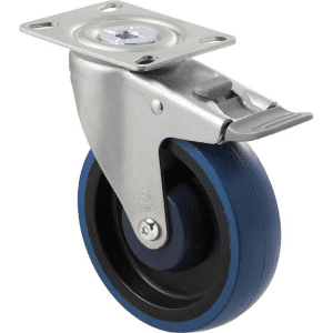 M Series castor, high-res blue rubber 125mm wheel, precision bearing, swivel North American (NA) plate, total brake, grey seal & pedal, Bluestone thread guard, load rating 150 kg
