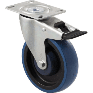 M Series castor, high-res blue rubber 125mm wheel, precision bearing, swivel plate, Bluestone thread guard, load rating 150 kg