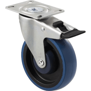 M Series castor, high-res blue rubber 125mm wheel, precision bearing, swivel plate, Bluestone thread guard, load rating 150 kg