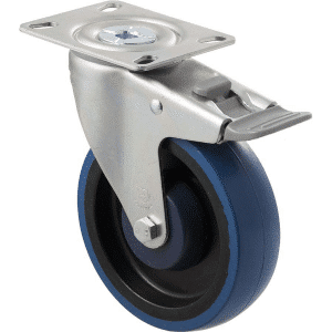M Series castor, high-res blue rubber 125mm wheel, precision bearing, swivel plate, total brake, Bluestone thread guard, load rating 150 kg