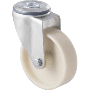 M Series castor, low-temperatu re glass-reinforced nylon plain bore 100mm swivel bolt hole, load rating 80 kg at <30C degrees