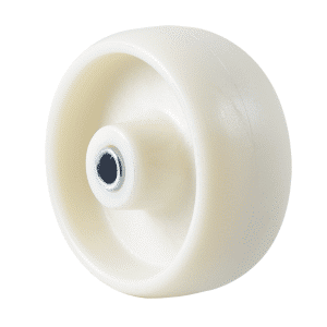 M Series, high-temperature glass-reinforced nylon 75mm x 32mm wheel, plain bearing, stainless steel axle spacer, 8mm ID, load rating 70kg at 150C degrees