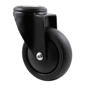 Midnight Black M Series decorative castor, thermoplastic elastomer (TPE) 100mm wheel, plain bearing, swivel bolt hole (powder- coated), black thread guard, load rating 85 kg